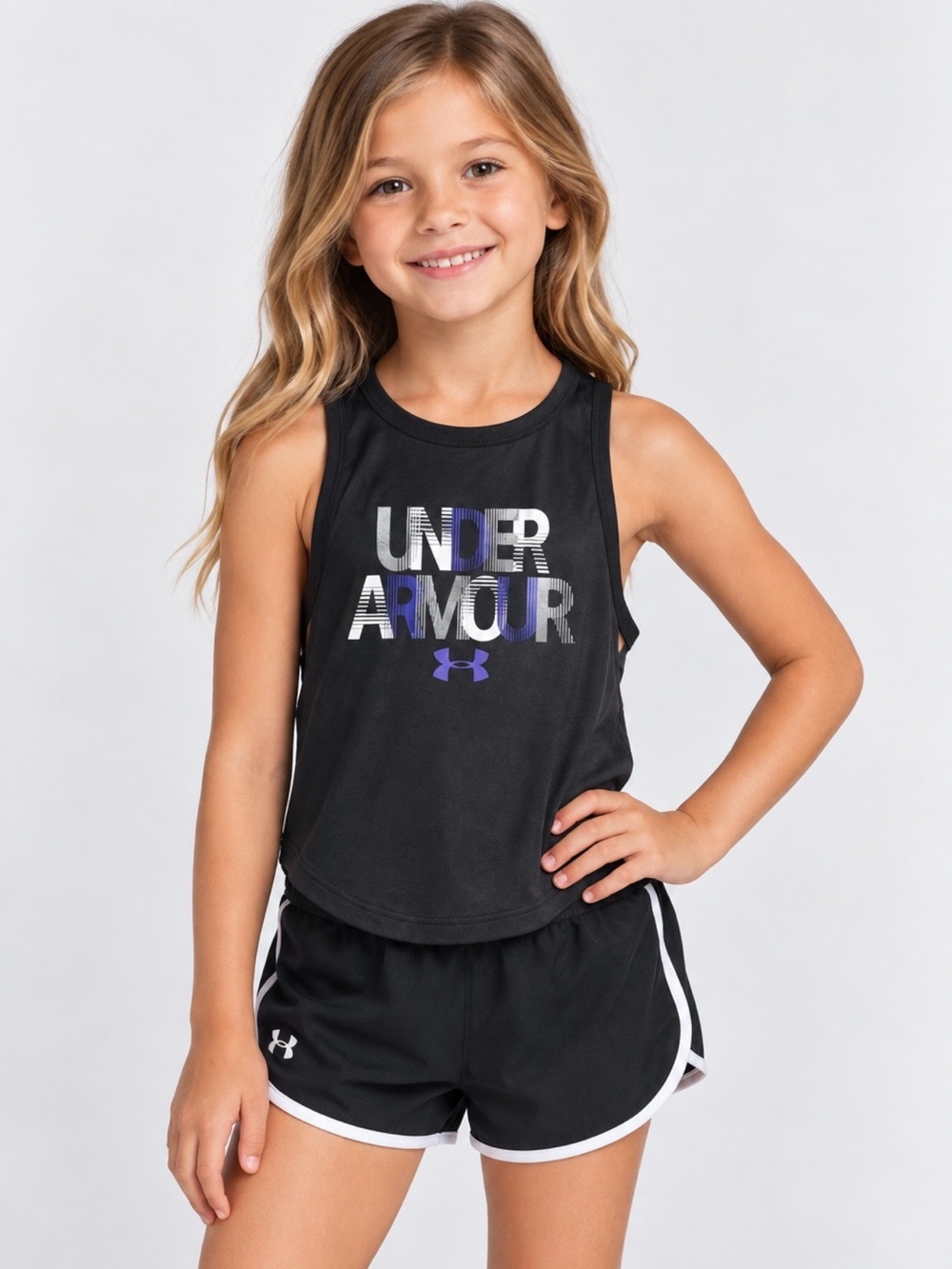 Under Armour Girls Sz YS Black HeatGear Crop Tank with Silver Purple Logo EUC